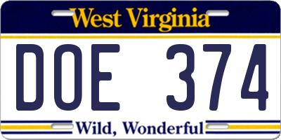 WV license plate DOE374