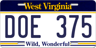 WV license plate DOE375