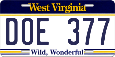 WV license plate DOE377
