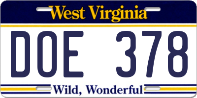 WV license plate DOE378