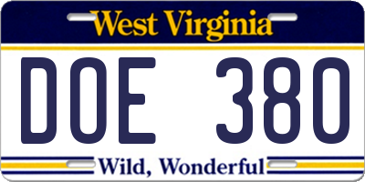 WV license plate DOE380
