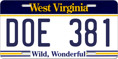 WV license plate DOE381