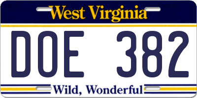 WV license plate DOE382