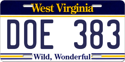 WV license plate DOE383