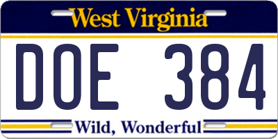 WV license plate DOE384