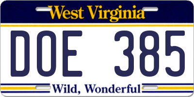 WV license plate DOE385