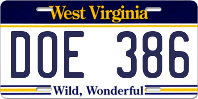 WV license plate DOE386