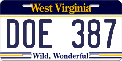 WV license plate DOE387