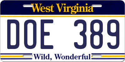 WV license plate DOE389