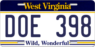WV license plate DOE398