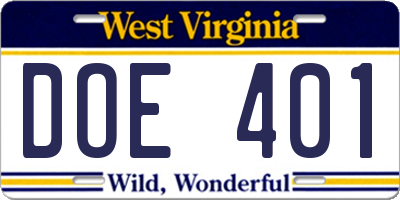 WV license plate DOE401