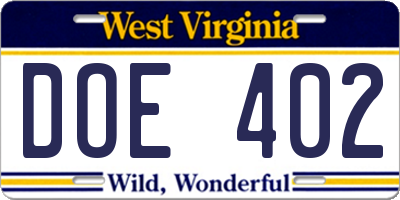WV license plate DOE402