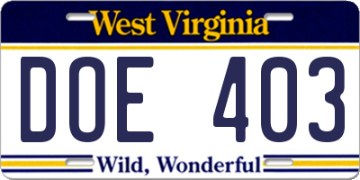 WV license plate DOE403