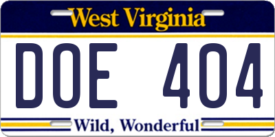 WV license plate DOE404