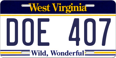 WV license plate DOE407