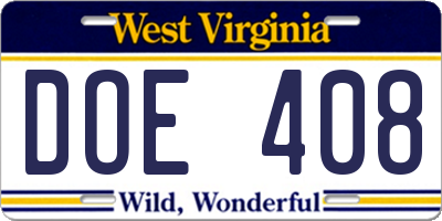 WV license plate DOE408