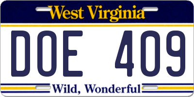 WV license plate DOE409