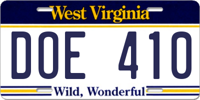 WV license plate DOE410