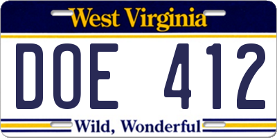 WV license plate DOE412