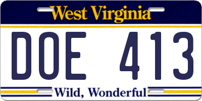 WV license plate DOE413