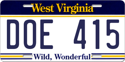 WV license plate DOE415