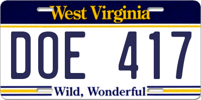 WV license plate DOE417
