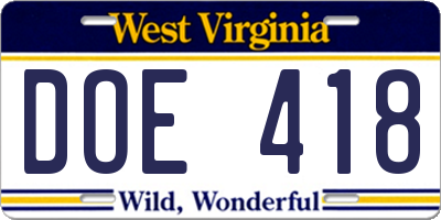 WV license plate DOE418