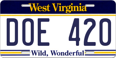 WV license plate DOE420