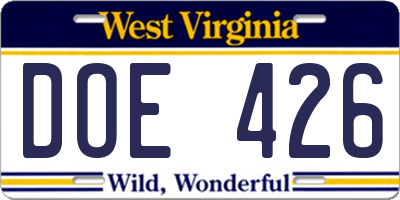 WV license plate DOE426