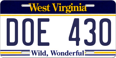WV license plate DOE430