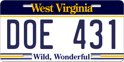 WV license plate DOE431