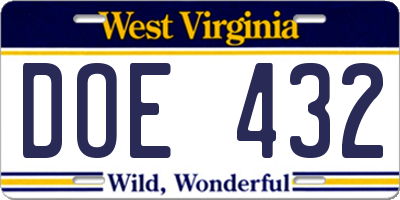 WV license plate DOE432