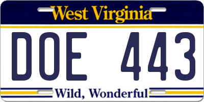 WV license plate DOE443