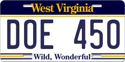 WV license plate DOE450