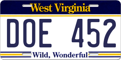 WV license plate DOE452