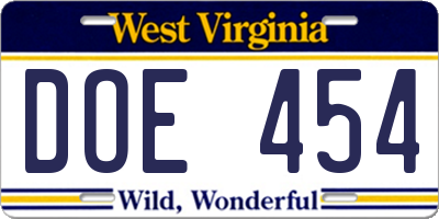 WV license plate DOE454