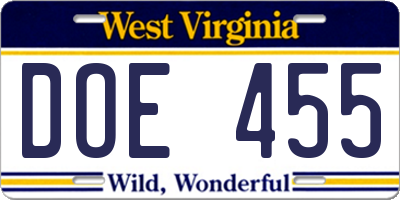 WV license plate DOE455