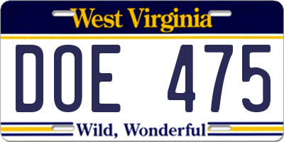 WV license plate DOE475