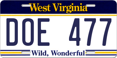 WV license plate DOE477