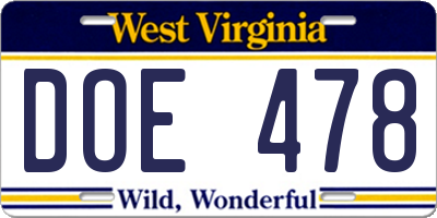 WV license plate DOE478