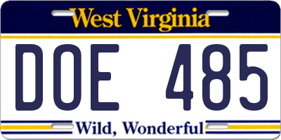 WV license plate DOE485