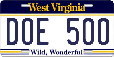 WV license plate DOE500