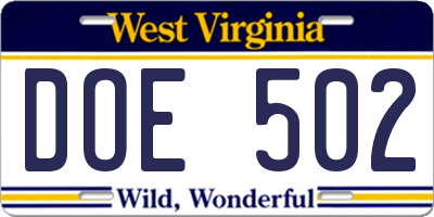 WV license plate DOE502