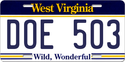 WV license plate DOE503