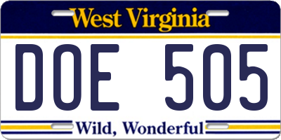 WV license plate DOE505