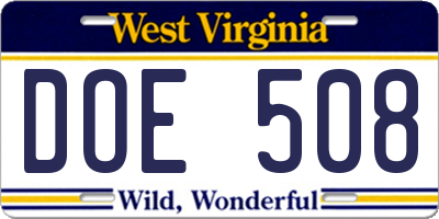 WV license plate DOE508
