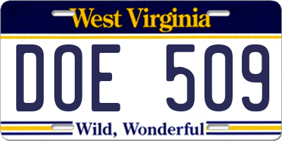 WV license plate DOE509