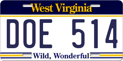 WV license plate DOE514