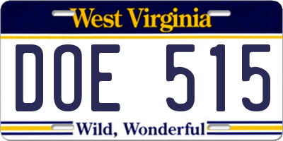 WV license plate DOE515