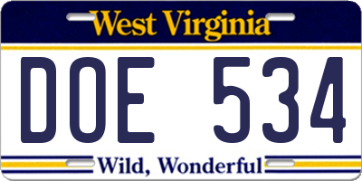 WV license plate DOE534